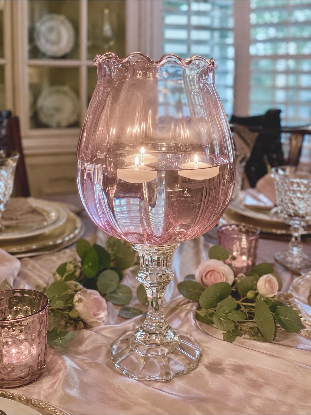Vtg MCM Empoli Style Pink Optic Glass Goblet Vase Ruffled Brandy Snifter 11"